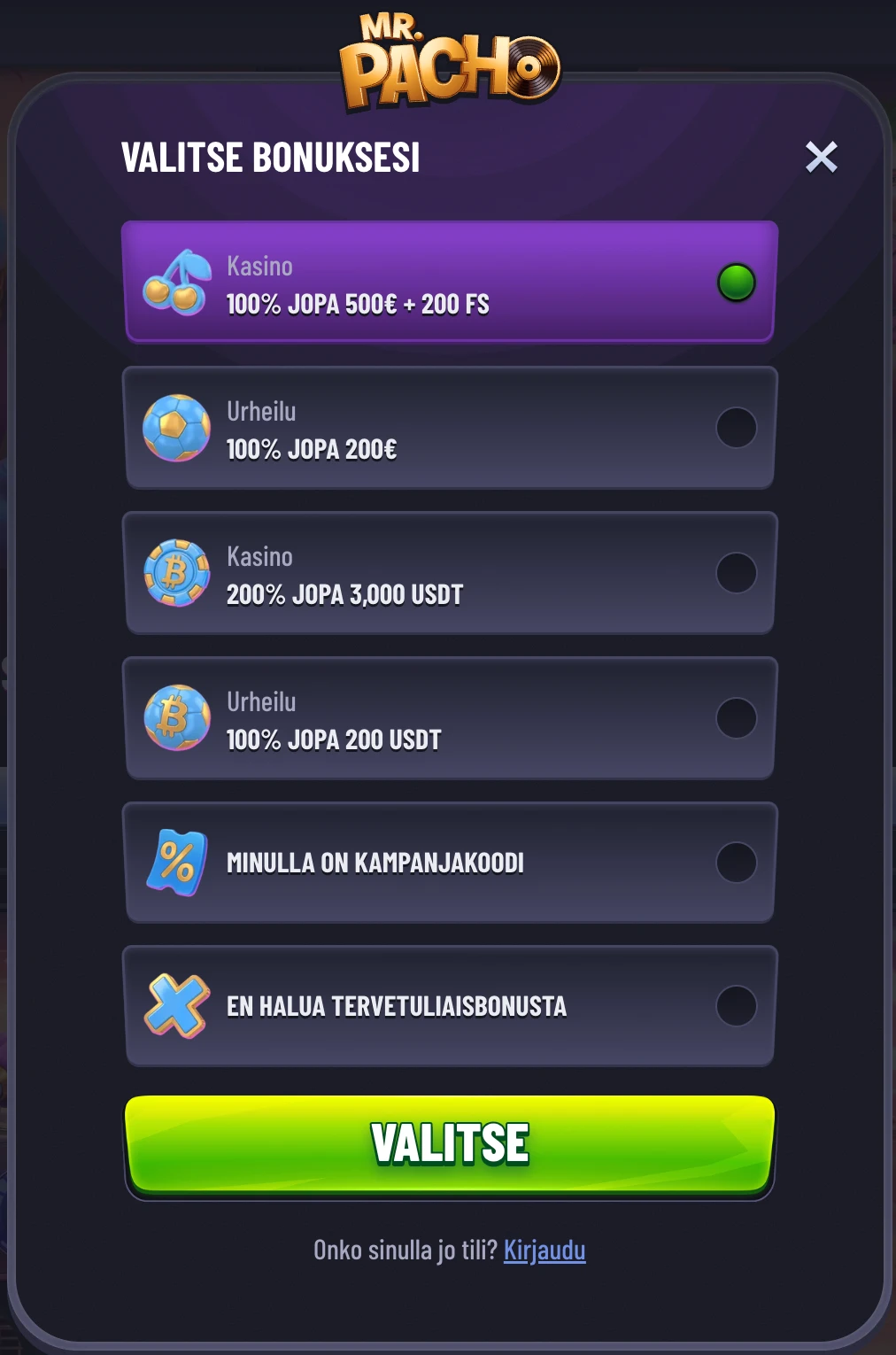 Rekisteröityminen MrPacho Casinolle